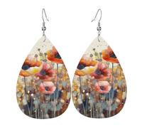 Leather Earrings for Women Teardrop Dangle Earrings Lightweight Drop Earring Watercolor Red Poppy Flowers Jewelry Gift