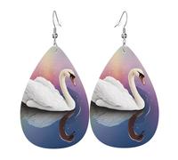 Leather Earrings For Women White Swan Print Drop Dangle Lightweight Retro Earrings, For Birthday, New Year, Wedding