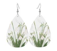 Leather Earrings,Women Faux Leather Teardrop Dangle Earrings Metallic Drop Earrings,White Snowdrop Flower Botanical Watercolor Painting