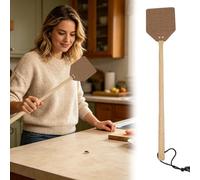 Leather Fly Swatter with Long Wooden Handle, 2 Pack Manual Insect Catcher Paddle for Indoor and Outdoor Home Pest Control, Heavy Duty Fly Swat Set with Hanging Lanyard (Brown)
