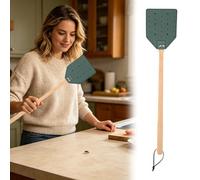 Leather Fly Swatter with Long Wooden Handle, 2 Pack Manual Insect Catcher Paddle for Indoor and Outdoor Home Pest Control, Heavy Duty Fly Swat Set with Hanging Lanyard (Grey)