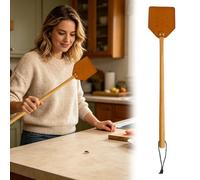 Leather Fly Swatter with Long Wooden Handle, 2 Pack Manual Insect Catcher Paddle for Indoor and Outdoor Home Pest Control, Heavy Duty Fly Swat Set with Hanging Lanyard (Orange)