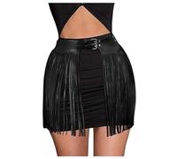 Leather Fringe Skirt Women's Short Faux Leather Skirt with Fringes Tassels Leather Skirt with Belt Sexy Mini Skirt Petticoat Latin Belly Dance Skirts Rave Festive Clothing for Halloween and Carnival