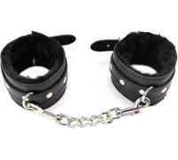 Leather Fuzzy Handcuffs Set for Bedroom Spice Up Your Love Life, Sex Hand Cuff Bracelets for Women, Fluffy Adult Handcuffs, Bed Restraints and Sexy Straps Bondage Kit for Couple (Black)