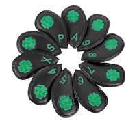 Leather Golf Club Iron Head Covers | 10 Piece Set | Black with Green 4 Leaf Clover Shamrock