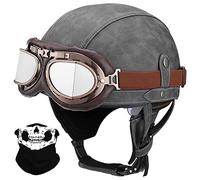 Leather Half German Style Retro Motorcycle Helmet ECE Approved for Men Women - Vintage Open Face With Goggles, Half Shell Cap for Chopper Cruiser Scooter Bike