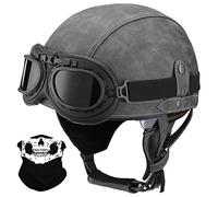 Leather Half Helmet German Style Retro Motorcycle ECE Approved for Men Women - Vintage Open Face With Goggles, Half Shell Cap for Chopper Cruiser Scooter Bike