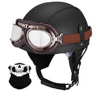 Leather Half Helmet German Style Retro Motorcycle Helmet ECE Approved Men Women Vintage Open Face Helmet with Goggles Half Shell Cap Moped Helmet for Chopper Cruiser Scooter Bike