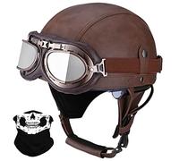 Leather Half Helmet German Style Retro Motorcycle Helmet ECE Approved Men Women Vintage Open Face Helmet with Goggles Half Shell Cap Moped Helmet for Chopper Cruiser Scooter Bike