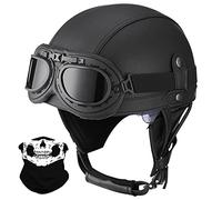Leather Half Helmet German Style Retro Motorcycle Helmet ECE Approved Men Women Vintage Open Face Helmet with Goggles Half Shell Cap Moped Helmet for Chopper Cruiser Scooter Bike