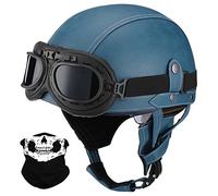 Leather Half Helmet German Style Retro Motorcycle Helmet ECE Approved Men Women Vintage Open Face Helmet with Goggles Half Shell Cap Moped Helmet for Chopper Cruiser Scooter Bike