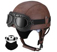 Leather Half Helmet German Style Retro Motorcycle Helmet ECE Approved Men Women Vintage Open Face Helmet with Goggles Half Shell Cap Moped Helmet for Chopper Cruiser Scooter Bike