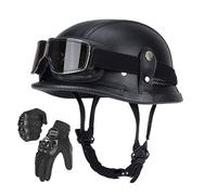 Leather Half Helmet German Style,Retro Open Face Motorbike Helmet Adults with Goggles and Gloves,ECE/DOT Approved,Adjustable Quick Release Buckle,Breathable Lining,Black E-L(57~60cm)