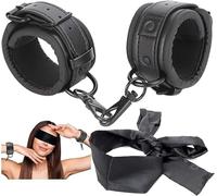 Leather Handcuffs Satin Eye mask Eye mask Set - Adjustable Handcuffs Leather Bracelet - Eye Satin mask (Black)