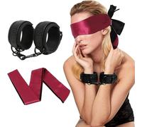Leather Handcuffs Satin Eye mask Eye mask Set - Adjustable Handcuffs Leather Bracelet - Eye Satin mask (Red)