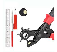 Leather Hole Punch, Heavy Duty Revolving Plier Tool with Extra Plates and Ruler, Professional Belt Hole Puncher Kit for Leather, Shoes, Fabric, DIY Home or Craft Projects, Multi Hole Sizes Make