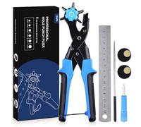 Leather Hole Punch, [Upgraded Version][Perfect Full Set] Diyife Belt Puncher, Heavy Duty Revolving Plier Tool with 2 Extra Plates and Ruler, Multi Sized for Crafts, Card, Rubber, etc, Blue