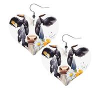 Leather Hoop Earrings For Women Heart Shape Earrings Outfits Accessories | Watercolor Cow And Daisy Flower Dangle Earrings Silver Boho Earring Lightweight Fashion Jewelry Gifts For Women Ladies