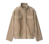 Leather Jacket for Women Faux Suede Standing Collar Long Sleeve Moto Biker Outwear With Pockets Shoulder Details Casual Trendy Fall Winter Ladies Work Classic Outfits