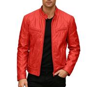 Leather Jacket Men's Gold Leather Jacket PU Biker Leather Coats Solid Business Military Leather Jacket Warm Coat Wind Jacket with Pocket for Outdoor Sports Vintage Steampunk Bomber Jacket, R Red, M