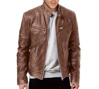 Leather Jacket Mens Uk Slim Fit Zip Up Motorcycle Jacket Vintage Cafe Racer Faux Leather Jackets Stand Collar Bomber Jackets with Pockets Autumn Cropped Coat Military Style PU Wax Outerwear for Daily
