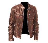 Leather Jacket Mens Uk Slim Fit Zip Up Motorcycle Jacket Vintage Cafe Racer Faux Leather Jackets Stand Collar Bomber Jackets with Pockets Autumn Cropped Coat Military Style PU Wax Outerwear for Daily
