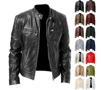 Leather Jacket Mens Uk Slim Fit Zip Up Motorcycle Jacket Vintage Cafe Racer Faux Leather Jackets Stand Collar Bomber Jackets with Pockets Autumn Cropped Coat Military Style PU Wax Outerwear for Daily