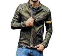 Leather Jacket Mens Vintage Waterproof Motorbike Jackets for Men with Multi Pocket Full-Zip Coats Stand Collar Slim Fit Overcoat Fashion Jacket Tops Long Sleeve Solid Color Outwear Plus Size