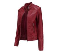 Leather Jacket Women's Short Long Sleeve Bomber Jacket with Zip and Press Stud Waterproof Baseball Jacket Plain Stand-Up Collar Transition Jacket Leather Look Biker Jacket Slim Fit Tops, R Red, M
