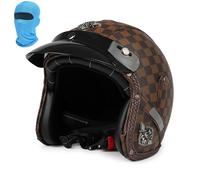 Leather Jet Motorcycle Helmet,Retro 3/4 Open Face Motorcycle Half Helmet with Brim, for Men Women Scooter Cruiser Helmet,ECE/DOT Approved(Brown A,M(55~56cm))