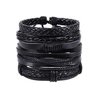 Leather Jewelry Hand-woven Vintage Bracelet Bracelet -layer Bracelets Earrings Set (Black, One Size)