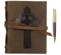 Leather Journal Celtic Cross Notebook Embossed Cross Handmade Travel Diary, A5 Vintage Writing Bound Book for Men & for Women Antique Rustic Leather 6x8 Engraved Prayer Notebook