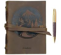 Leather Journal Mountain Notebook Embossed Handmade Travel Diary, A5 Vintage Writing Bound for Men For Women Genuine Antique Rustic Leather 6"x8" Engraved Paper Perfect for Notes Sketchbook + Pen