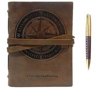 Leather Journal Nautical Compass Notebook Embossed Maritime Sea Adventure A5 Travel Diary, For Men For Women, Genuine Vintage Rustic Leather 6" x 8", Bound For Writing Notes Handmade Sketchbook + Pen