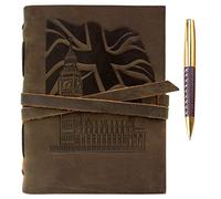 Leather Journal Union Jack Flag Big Ben Notebook Embossed Handmade Travel Diary | A5 Vintage Writing Bound Journal for Men for Women 6"x8" | Patriotic Genuine Leather Sketchbook + Pen, Plain Paper