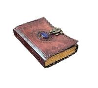 Leather Journal with Gemstone & Lock - Vintage Embossed Diary with Deckle Edge Paper, Antique Leather Notebook, Grimoire, Book of Shadows, Witchcraft Spell Book, Travel Writing Journal