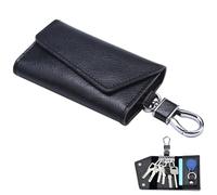 Leather Key Case for Men and Women, Tri-Fold Multifunctional Key Bag, Wallet with 3 Separate Compartments and 6 Key Hooks, Small Key Case, black, M