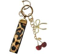 Leather Keychain Wristlet Cute Keychain with Cherry Fruit Charms Women Key Ring Women Car Accessories Car Key Fob Holder Fashion Bag Purse Pendant Keyring Luxury Gifts for Women Ladies (Leopard Red)