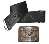 Leather Kilt Belt and Buckle - Many Sizes and Designs to choose from (Size 36-42 inches, Embossed Black with Antique Welsh Dragon Buckle)
