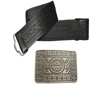 Leather Kilt Belt and Buckle - Many Sizes and Designs to choose from (Size 42-48 inches, Embossed Black with Antique Celtic Buckle)
