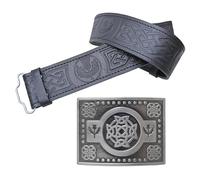 Leather Kilt Belt and Buckle Set, Scottish Thistle Embossed Belt with Antique Celtic Trinity Buckles Crafted Pewter - Kilt Belts for Men (Thistle Celtic Knot - Silver Antique, XXL - 50" -54")