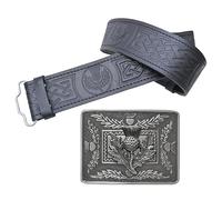 Leather Kilt Belt and Buckle Set, Scottish Thistle Embossed Belt with Silver Antique Celtic Knot Buckles Crafted Pewter - Kilt Belts For Men (Thistle Crest - Silver Antqiue, Medium, 32-36 Inch)