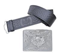 Leather Kilt Belt and Buckle Set, Scottish Thistle Embossed Belt with Silver Antique Celtic Knot Buckles Crafted Pewter - Kilt Belts For Men (Thistle Crest, Chrome, Medium - 32" - 36")