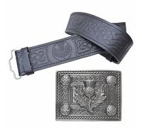 Leather Kilt Belt and Buckle Set, Scottish Thistle Embossed Belt with Silver Antique Celtic Knot Buckles Crafted Pewter - Kilt Belts For Men (Celtic Thistle, Silver - Antique, 2XL, 50-54 Inch)