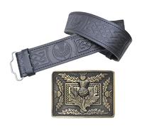 Leather Kilt Belt and Buckle Set, Scottish Thistle Embossed Belt with Silver Antique Celtic Knot Buckles Crafted Pewter - Kilt Belts For Men (Thistle Crest, Brass - Antique, Medium, 32-36 Inch)