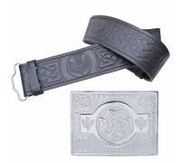Leather Kilt Belt and Buckle Set, Scottish Thistle Embossed Belt with Silver Antique Celtic Knot Buckles Crafted Pewter - Kilt Belts For Men (Trinity Thistle - Chrome, 3XL, 56-60 Inch)