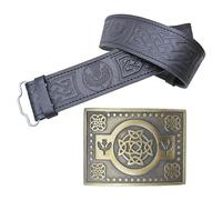 Leather Kilt Belt and Buckle Set, Scottish Thistle Embossed Belt with Silver Antique Celtic Knot Buckles Crafted Pewter - Kilt Belts For Men (Trinity Thistle - Brass Antique, 2XL, 50-54 Inch)