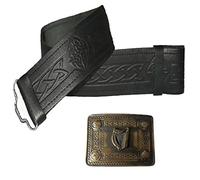 Leather Kilt Belt Embossed and Antique Irish Harp Buckle - 2 piece Set