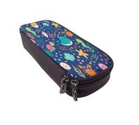 Leather Large Capacity Pencil Case Pencil Bag Cartoon Sea Fish Print Double-Zipper Flip-Top Pen Case