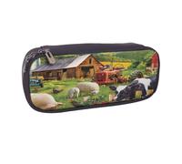 Leather Large Capacity Pencil Case Pencil Bag Farm Animals Print Double-Zipper Flip-Top Pen Case